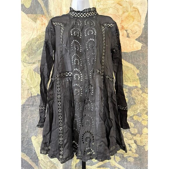 New Free People All Eyes On You Mini Dress Womens XS Black Studded Eyelet - Picture 2 of 6